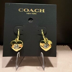 NEW Coach Gold Tone Huggie Dangle Heart Earrings with Pink Crystals